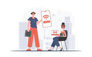 iot y automatización concepto. un hombre y un mujer son un equipo en el campo de el Internet de cosas. bueno para presentaciones y sitios web vector ilustración.