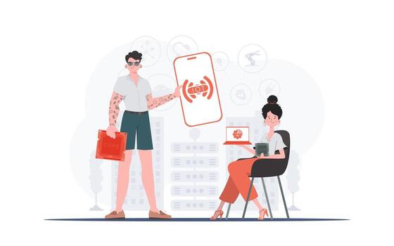 IoT concept. The girl and the guy are a team in the field of Internet of things. Good for presentations and websites. illustration. vector