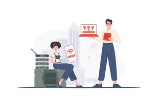 IOT and automation concept. The girl and the guy are a team in the field of Internet of things. Good for websites and presentations. Vector illustration in flat style.