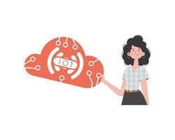 A woman holds the IoT logo in her hands. Internet of things concept. Isolated. Vector illustration in trendy flat style.