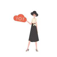 The girl holds the IoT logo in her hands. Internet of things concept. Isolated. Vector illustration in trendy flat style.