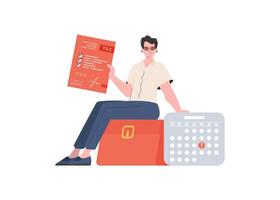 A man sits and holds a calculator and a tax return. Isolated. Element for presentation. vector