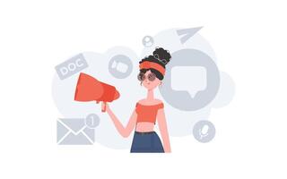 A woman stands waist-deep in her hands with a megaphone. Search. Element for presentation. vector