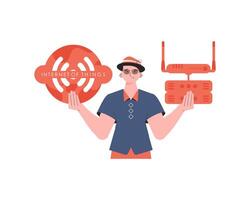 A man holds the internet of things logo in his hands. Router and server. IoT concept. Isolated. Vector illustration in trendy flat style.