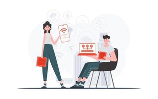 IOT and automation concept. The girl and the guy are a team in the field of Internet of things. Good for presentations and websites. Trendy flat style. Vector. vector