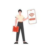 A man holds a phone with the IoT logo in his hands. IoT concept. Vector illustration in trendy flat style.
