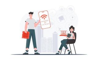 IoT concept. The girl and the guy are a team in the field of Internet of things. Good for websites and presentations. illustration in flat style. vector