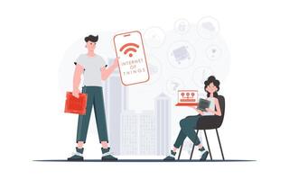 IoT concept. The girl and the guy are a team in the field of Internet of things. Good for websites and presentations. Vector illustration in flat style.