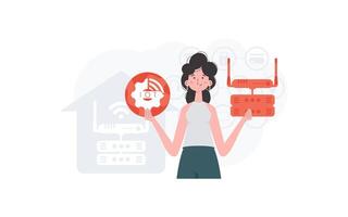 iot concepto. un mujer es participación un Internet cosa icono en su manos. enrutador y servidor. bueno para sitios web y presentaciones vector ilustración en plano estilo.