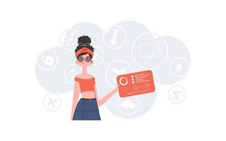 Internet of Things and Automation Concept. A woman holds a panel with analyzers and indicators in her hands. Good for websites and presentations. Vector illustration in flat style.