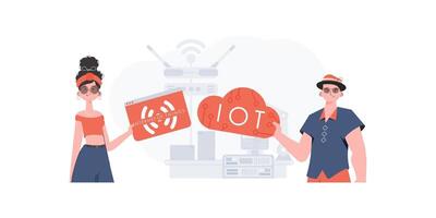 A man and a woman are a team in the field of the Internet of things. IoT concept. Good for websites and presentations. Vector illustration in flat style.