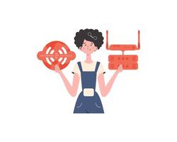 A woman holds the internet of things logo in her hands. Router and server. IoT concept. Isolated. Vector illustration in flat style.