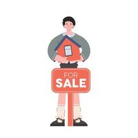 A man stands in full growth and holds a model of the house. Isolated. Flat style. Element for presentations, sites. vector