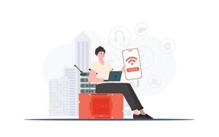 Internet of things concept. The guy is holding a phone with the IoT logo in his hands. Vector. vector