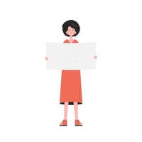 A woman stands in full growth with a blank banner in her hands. Isolated. Flat style. Element for presentations, sites. vector