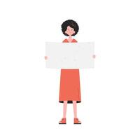 A woman stands in full growth with a blank banner in her hands. Isolated. Flat style. Element for presentations, sites. vector