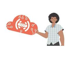 A man is holding an IoT icon in his hands. Internet of things concept. Isolated. Vector illustration in flat style.