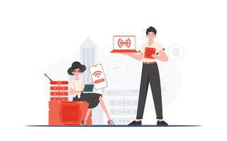 IOT and automation concept. The girl and the guy are a team in the field of Internet of things. Good for presentations and websites. Vector illustration in flat style.