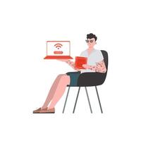 A man holds a laptop and a processor chip in his hands. IOT and automation concept. Isolated. Vector illustration in trendy flat style.