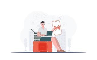 IOT and automation concept. The guy is holding a phone with the IoT logo in his hands. illustration in flat style. vector