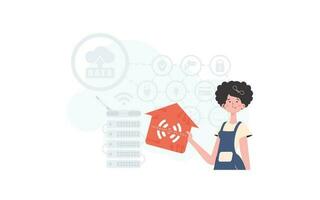 The woman is depicted waist-deep, holding an icon of a house in her hands. Internet of things concept. Good for presentations and websites. Vector illustration in flat style.