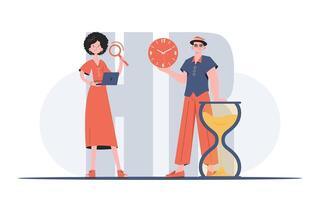 A man and a woman are standing in full growth with a laptop and a watch in their hands. Human resource. Element for presentation. vector