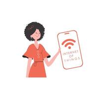 un mujer sostiene un teléfono con el iot logo en su manos. iot y automatización concepto. de moda plano estilo. vector ilustración.