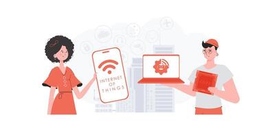 IOT and automation concept. The girl and the guy are a team in the field of IoT. Good for websites and presentations. Trendy flat style. Vector. vector