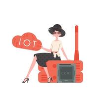 A woman sits on a router and holds the internet of things logo in her hands. IoT concept. Isolated. Vector illustration in trendy flat style.