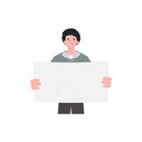 A man stands waist-deep and shows an empty sheet. Isolated. Flat style. Element for presentations, sites. vector