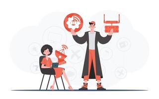 Internet de cosas y automatización concepto. el niña y el chico son un equipo en el campo de Internet de cosas. bueno para sitios web y presentaciones vector ilustración.