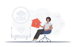 IoT concept. A man sits in an armchair and holds a house icon in his hands. Good for presentations. illustration in trendy flat style. vector
