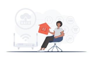 iot concepto. un hombre se sienta en un Sillón y sostiene un casa icono en su manos. bueno para presentaciones vector ilustración en de moda plano estilo.