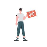 A man holds an IoT logo in his hands. IOT and automation concept. Isolated. illustration in trendy flat style. vector