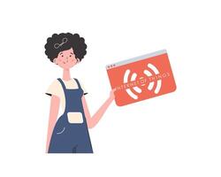 The girl holds the IoT logo in her hands. Internet of things and automation concept. Isolated. illustration in trendy flat style. vector