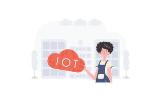 A woman is holding an internet thing icon in her hands. Internet of things and automation concept. Good for presentations and websites. Vector illustration.