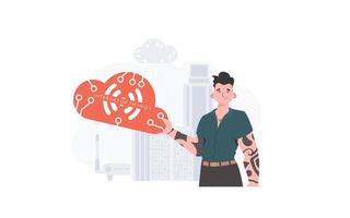 The guy is holding an internet thing icon in his hands. Internet of things and automation concept. Good for websites and presentations. Vector illustration.