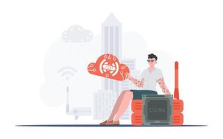 IoT concept. The guy sits on the router and holds the internet of things logo in his hands. Trendy flat style. . vector