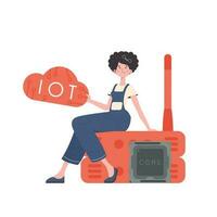 A woman sits on a router and holds the internet of things logo in her hands. Internet of things concept. Isolated. Trendy flat style. Vector. vector