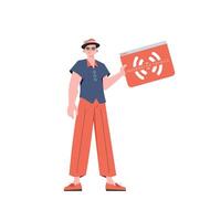 A man holds an IoT logo in his hands. IOT and automation concept. Isolated. Trendy flat style. illustration. vector