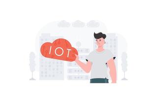 The guy is holding an internet thing icon in his hands. Internet of things and automation concept. Good for presentations and websites. Trendy flat style. Vector. vector