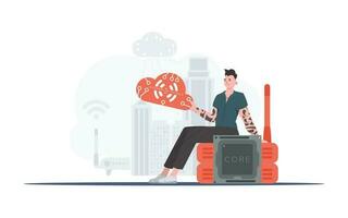 IoT concept. The guy sits on the router and holds the internet of things logo in his hands. Vector illustration.