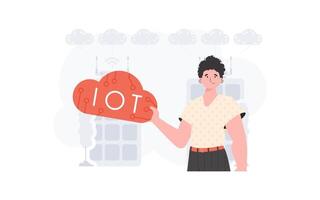 The guy is holding an internet thing icon in his hands. IOT and automation concept. Good for websites and presentations. Vector illustration in flat style.