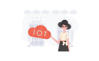 un mujer es participación un Internet cosa icono en su manos. iot y automatización concepto. bueno para sitios web y presentaciones vector ilustración en plano estilo.