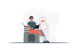 Internet de cosas concepto. un hombre sostiene un teléfono con el iot logo en su manos. vector ilustración en plano estilo.