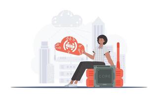 IoT concept. The guy sits on the router and holds the internet of things logo in his hands. Vector illustration in trendy flat style.