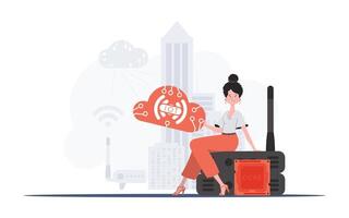 IoT concept. A woman sits on a router and holds the internet of things logo in her hands. Vector illustration.