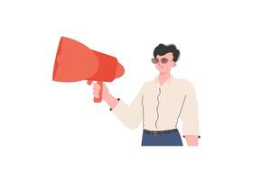 A man stands waist-deep holding a loudspeaker. Isolated. Element for presentation. vector