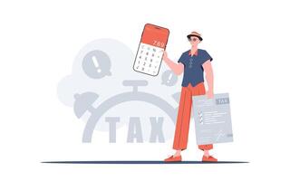The guy is holding a calculator and a tax form in his hands. The concept of payment and calculation of taxes. illustration. vector