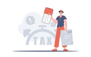 The guy is holding a calculator and a tax form in his hands. The concept of payment and calculation of taxes. Vector illustration.